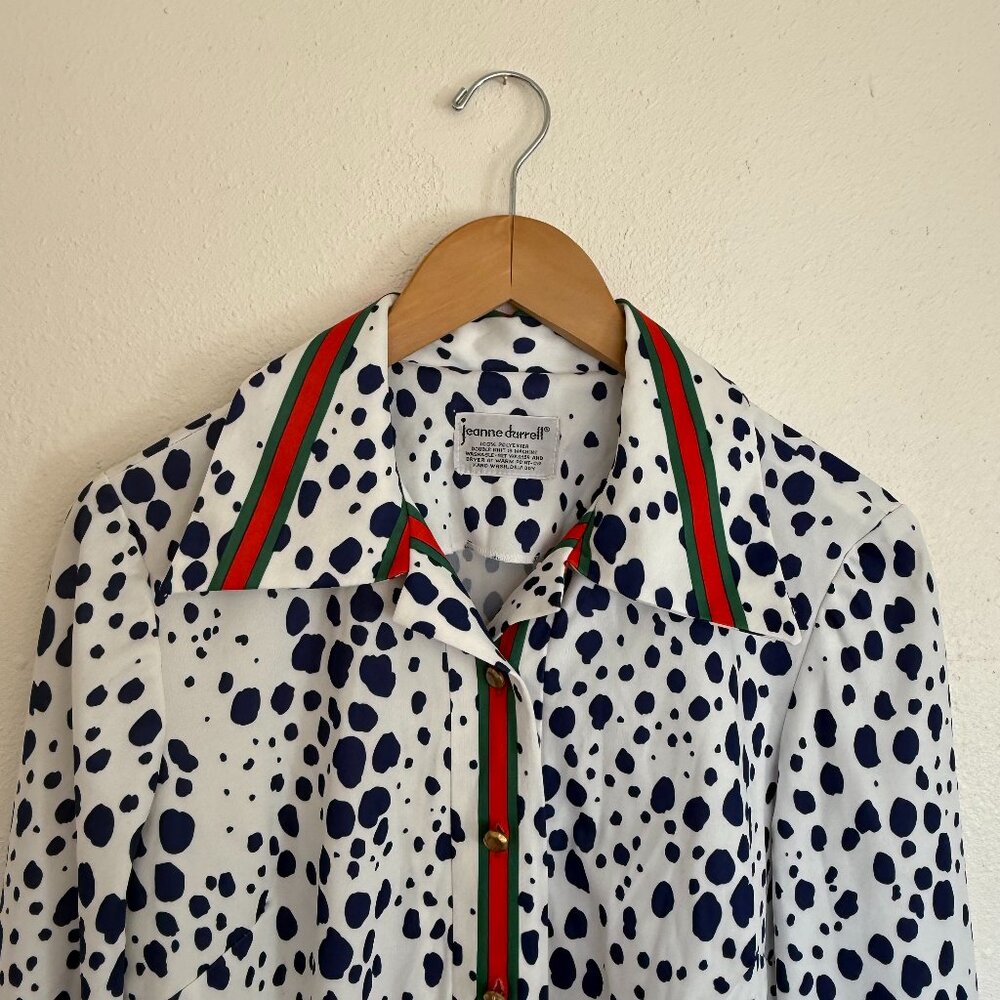 Vintage Jeanne Durrell Navy Dalmation Print Dress with Red/Green Stripe M/L